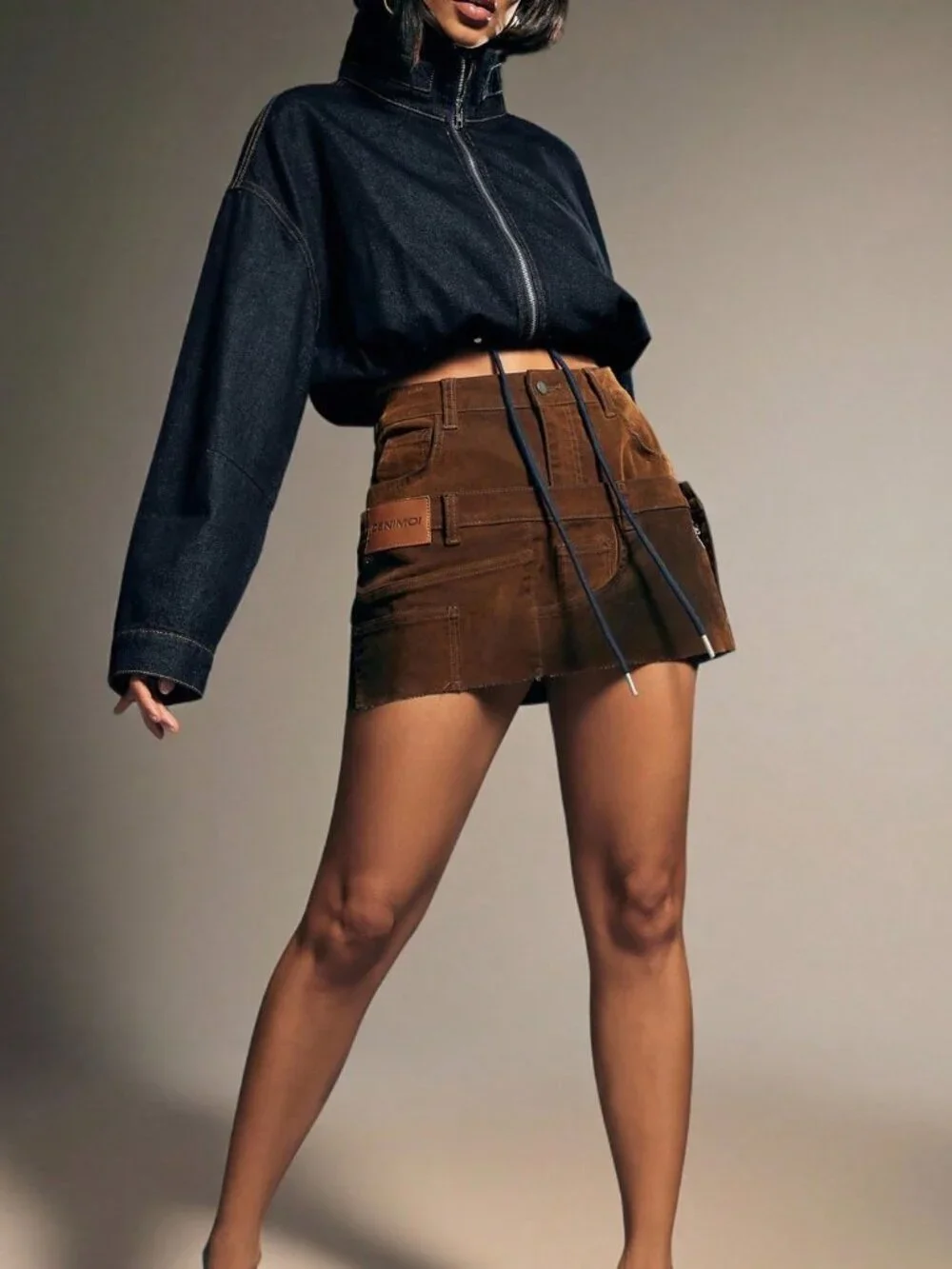 Dark Wash Casual Women's Cropped Denim Jacket with Elastic Waist & Zip Front